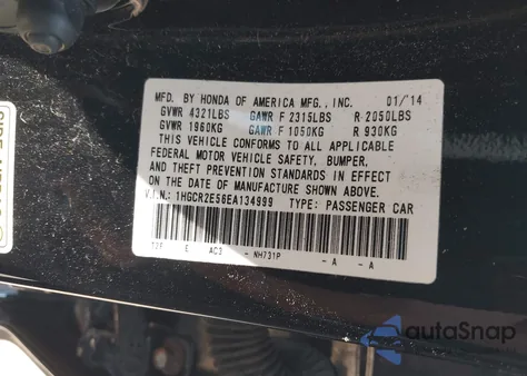 2014 Honda Accord Sport from USA, damaged, VIN 1HGCR2E56EA134999